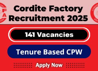 Cordite Factory Aruvankadu Recruitment 2025: Apply Now 141 CPW AOCP trade post